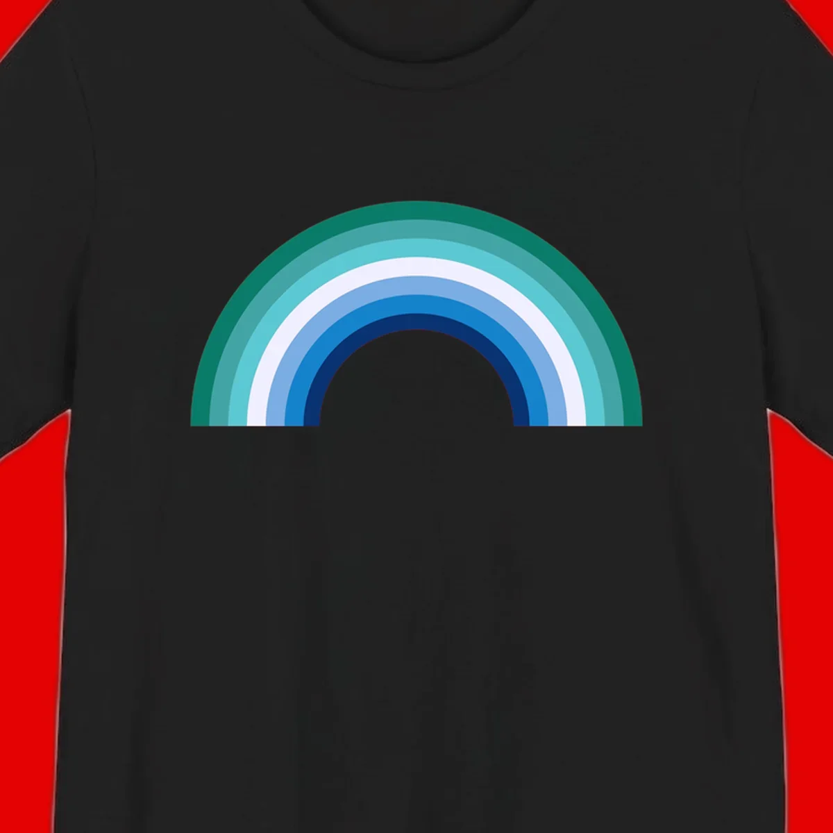 Concentric rainbow arcs design featuring nested semicircles in teal, cyan, white, and blue gradient layers