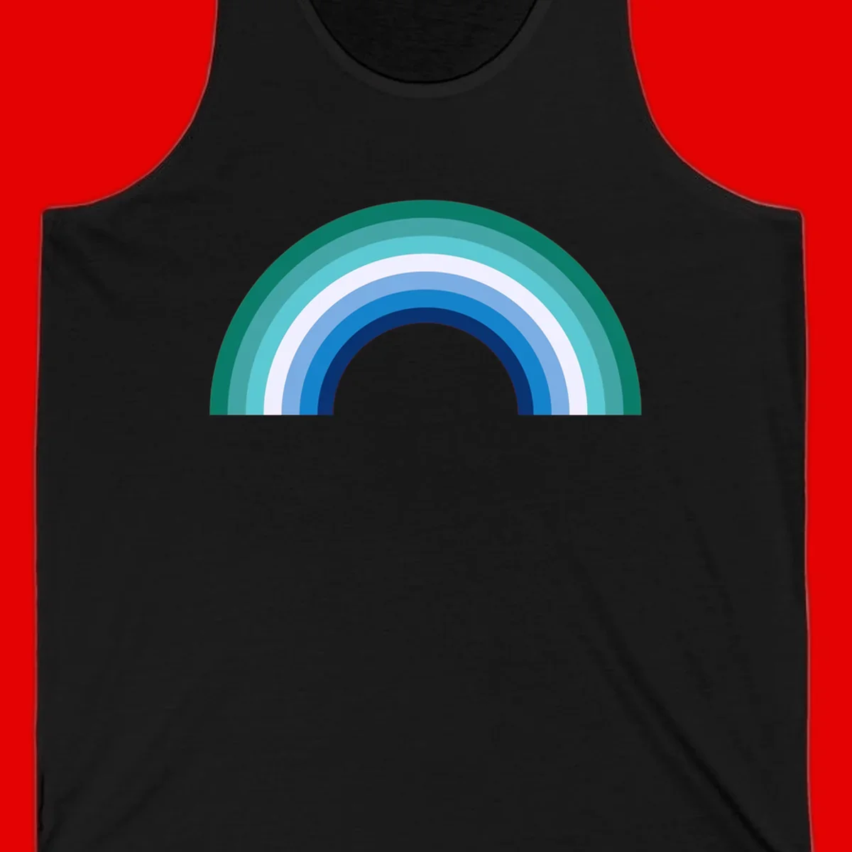 Concentric rainbow arcs design featuring nested semicircles in teal, cyan, white, and blue gradient layers