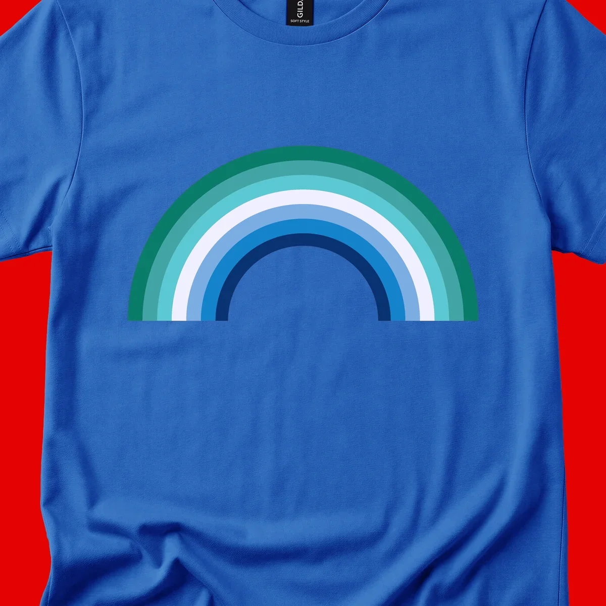 Concentric rainbow arcs design featuring nested semicircles in teal, cyan, white, and blue gradient layers