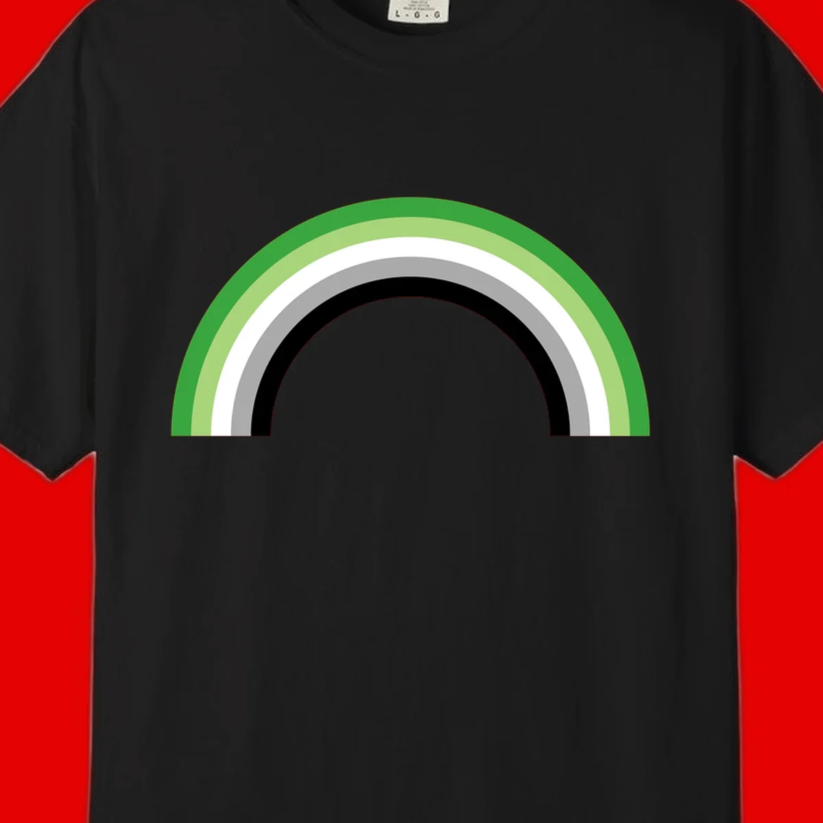 Minimalist rainbow arc design with five concentric colored semicircles in green, light green, white, gray, and black stripes