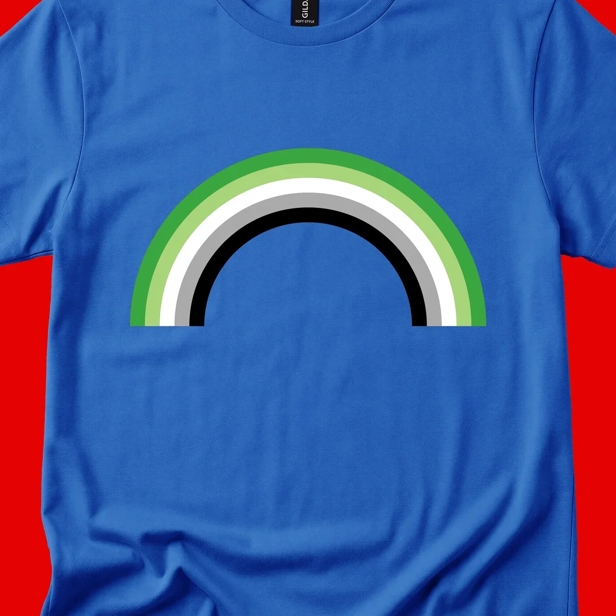 Minimalist rainbow arc design with five concentric colored semicircles in green, light green, white, gray, and black stripes