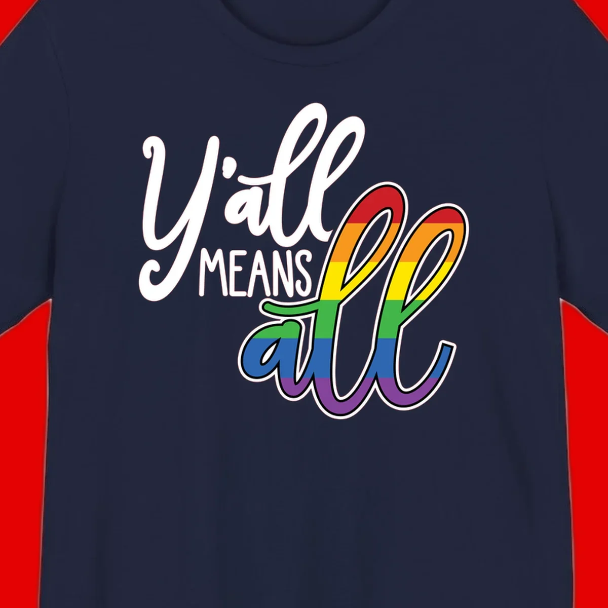 You all Means all Pride design with rainbow cacti featuring red, orange, yellow, green, blue, and purple stripes on gray background