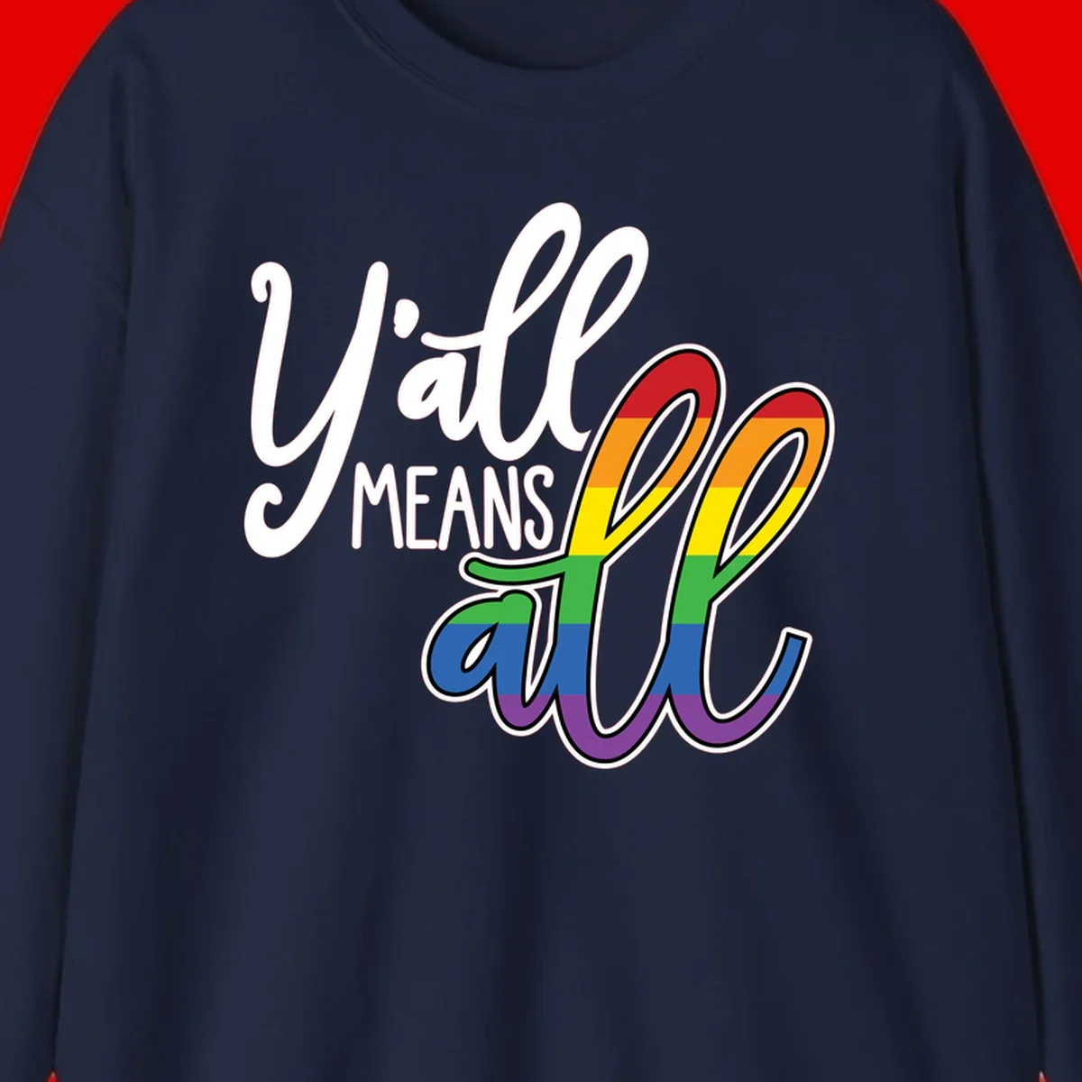 You all Means all Pride design with rainbow cacti featuring red, orange, yellow, green, blue, and purple stripes on gray background