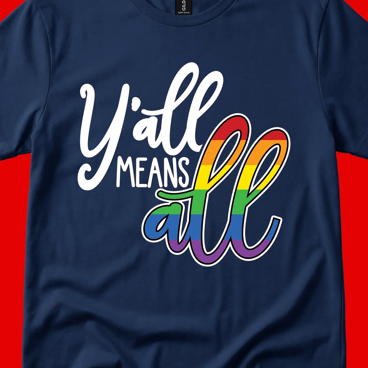 You all Means all Pride design with rainbow cacti featuring red, orange, yellow, green, blue, and purple stripes on gray background