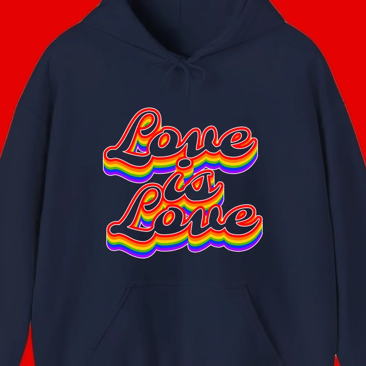 Love is Love rainbow Pride design with layered multicolor text and white outlines on gray background