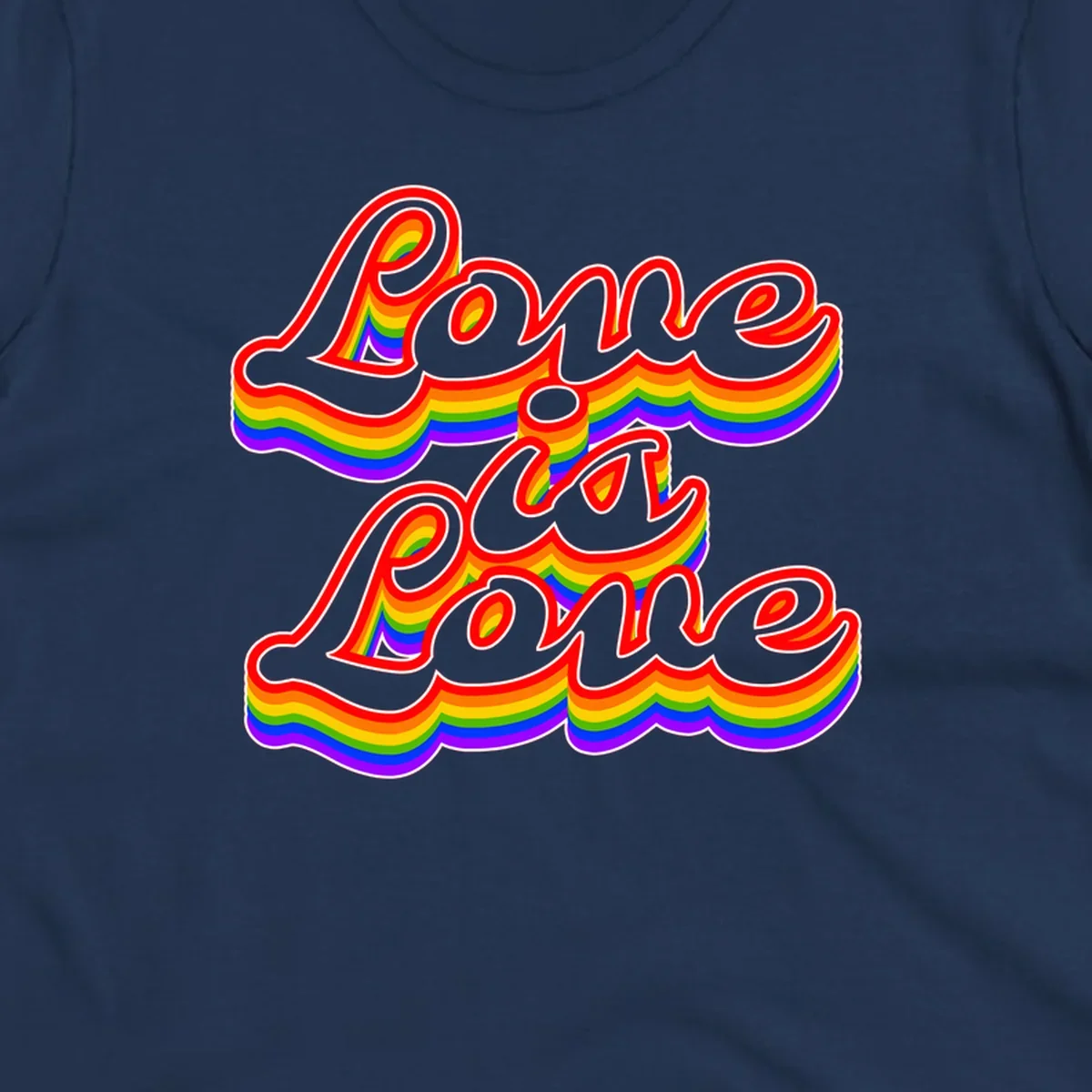 Love is Love rainbow Pride design with layered multicolor text and white outlines on gray background