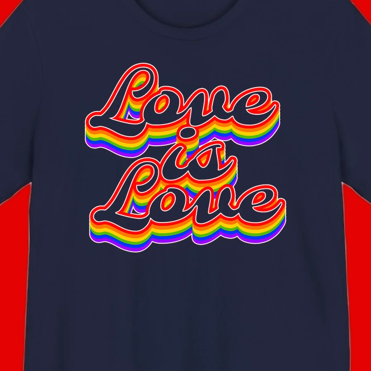 Love is Love rainbow Pride design with layered multicolor text and white outlines on gray background