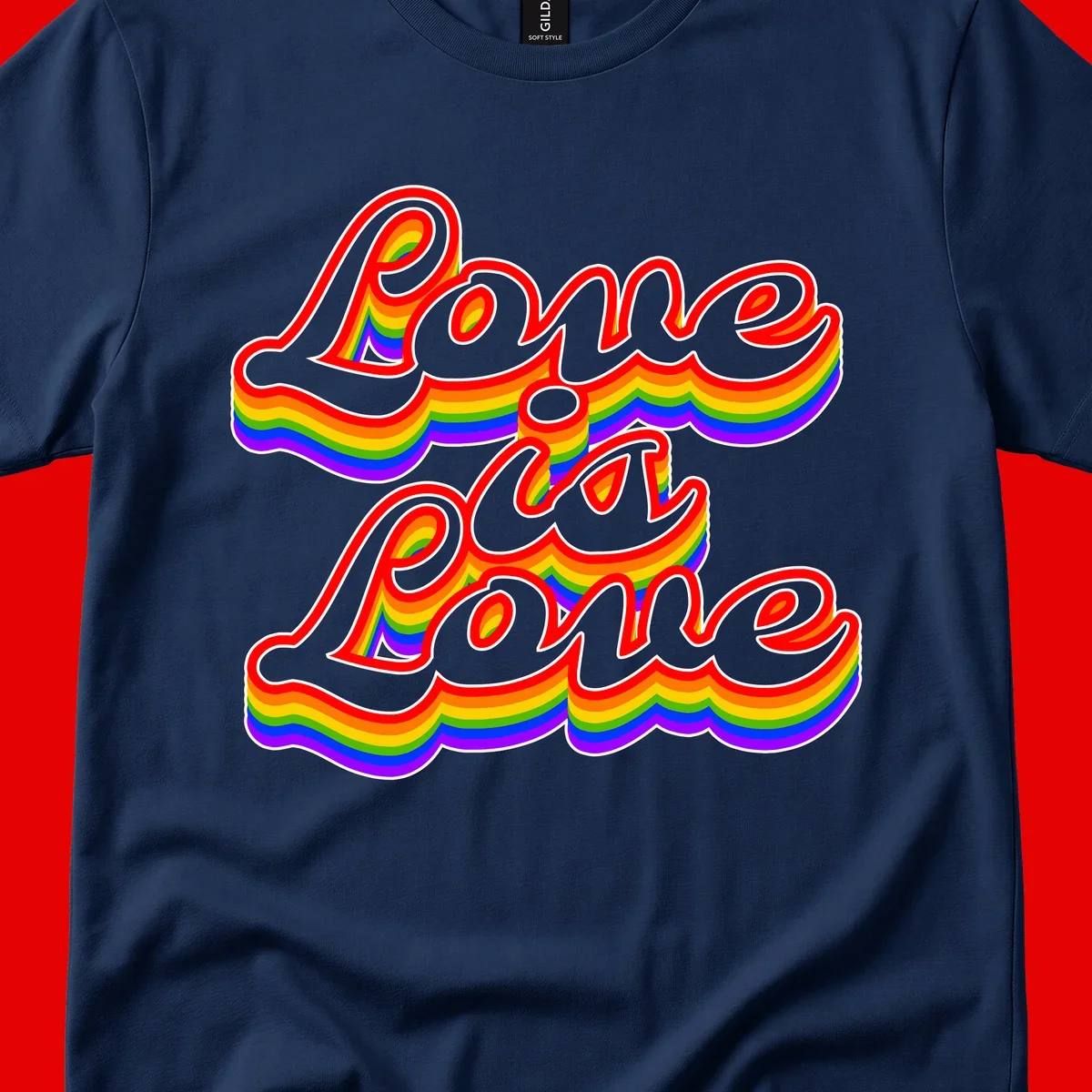 Love is Love rainbow Pride design with layered multicolor text and white outlines on gray background