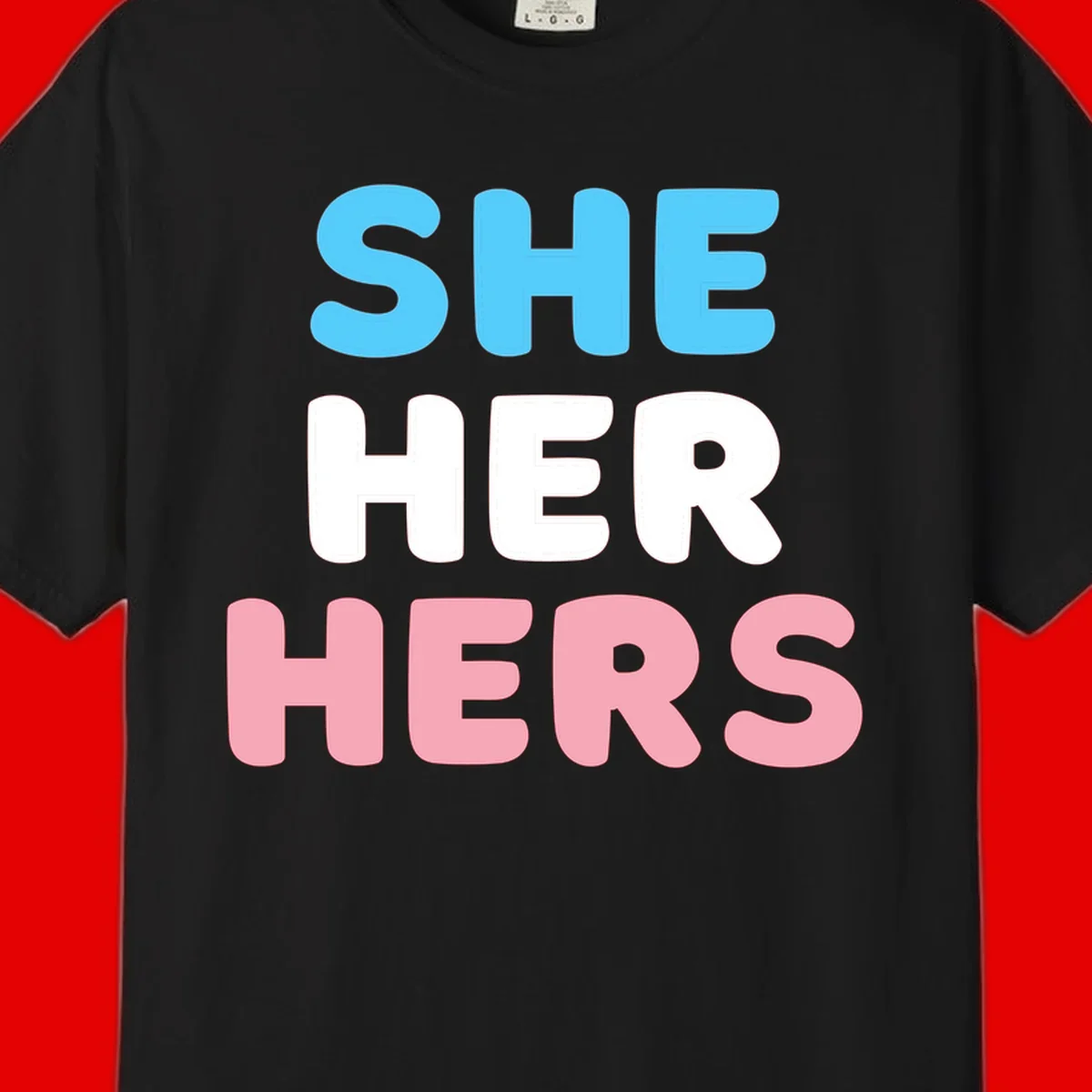 Bold three-line text design reading 'SHE HER HERS' in cyan, white, and pink colors representing she-her-hers pronouns