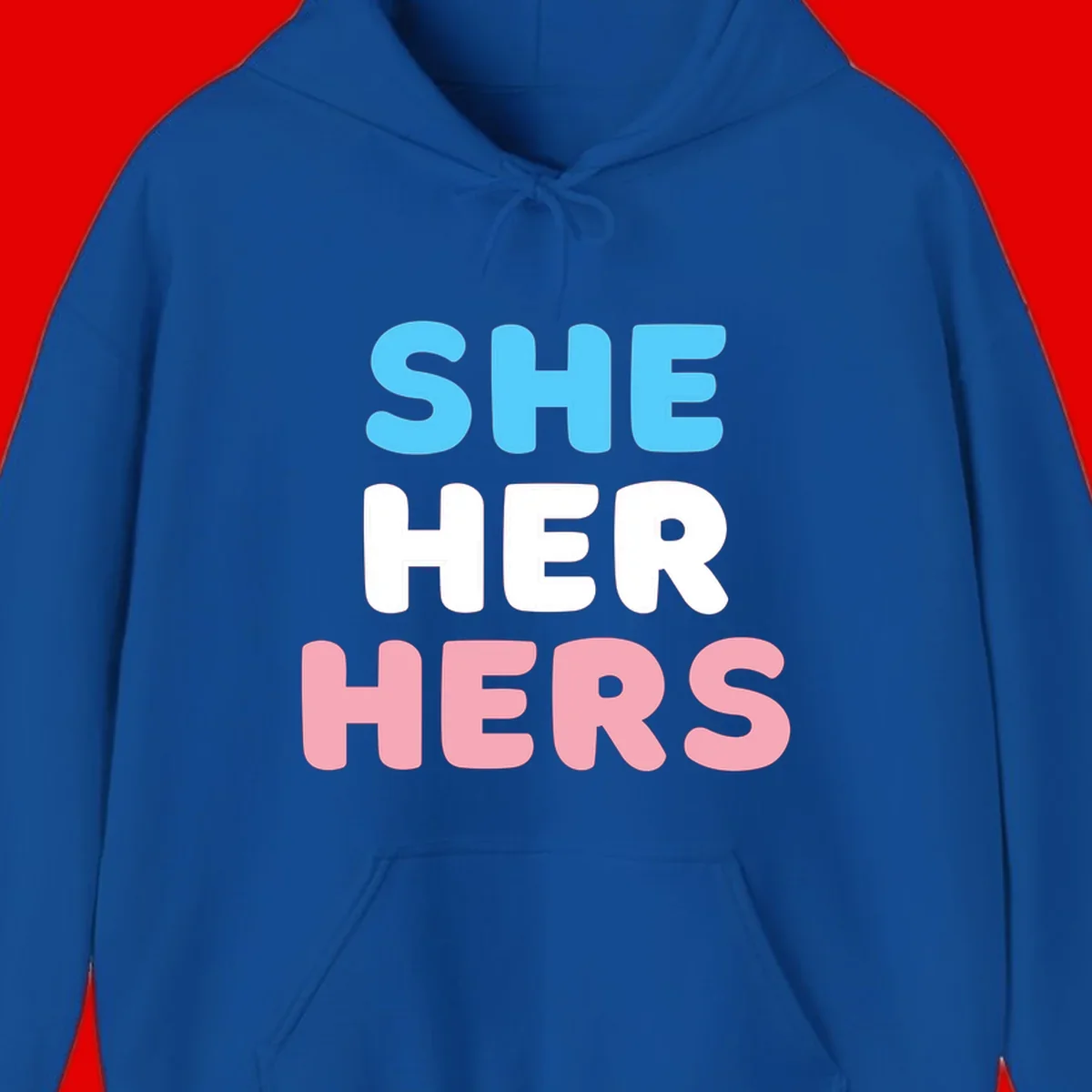 Bold three-line text design reading 'SHE HER HERS' in cyan, white, and pink colors representing she-her-hers pronouns