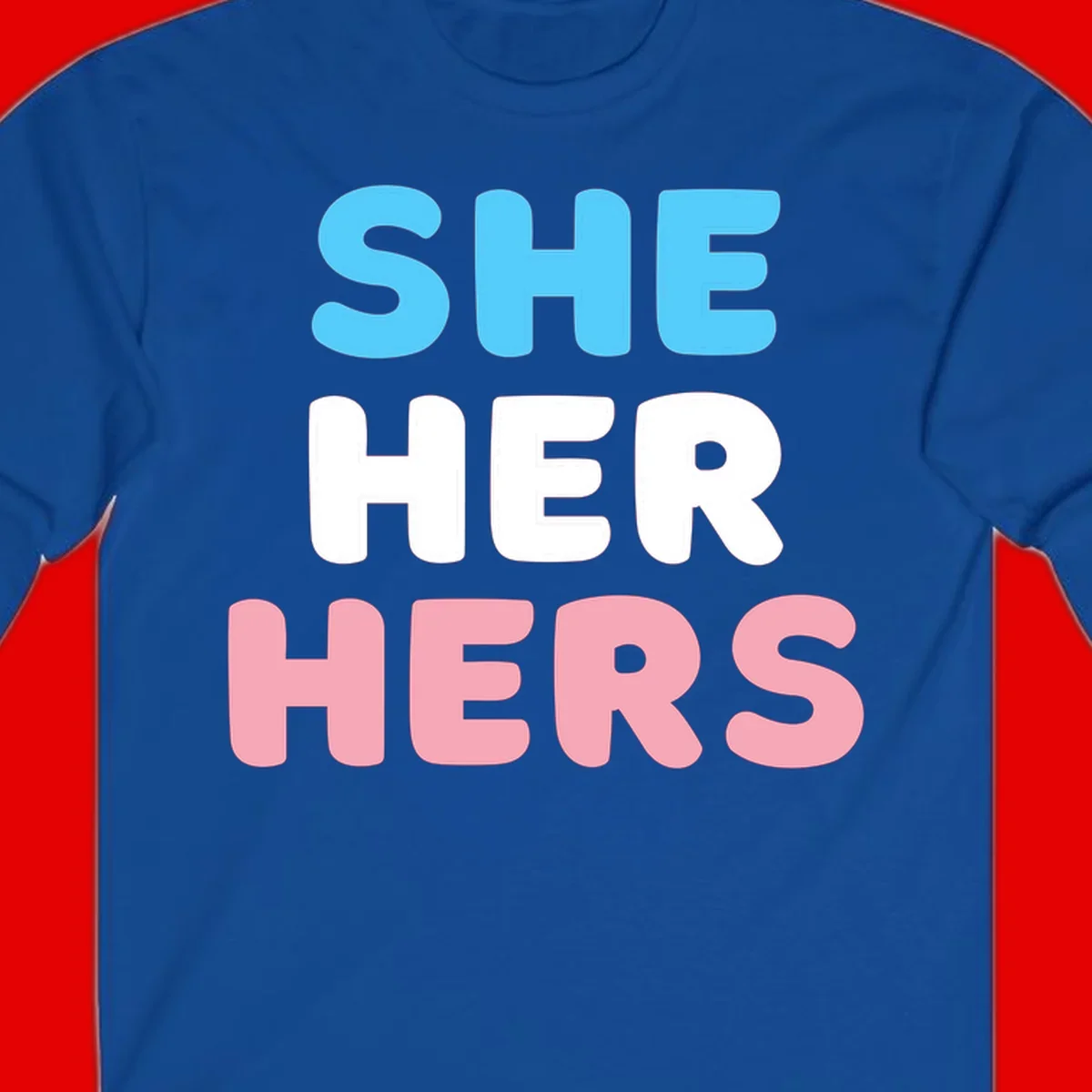 Bold three-line text design reading 'SHE HER HERS' in cyan, white, and pink colors representing she-her-hers pronouns
