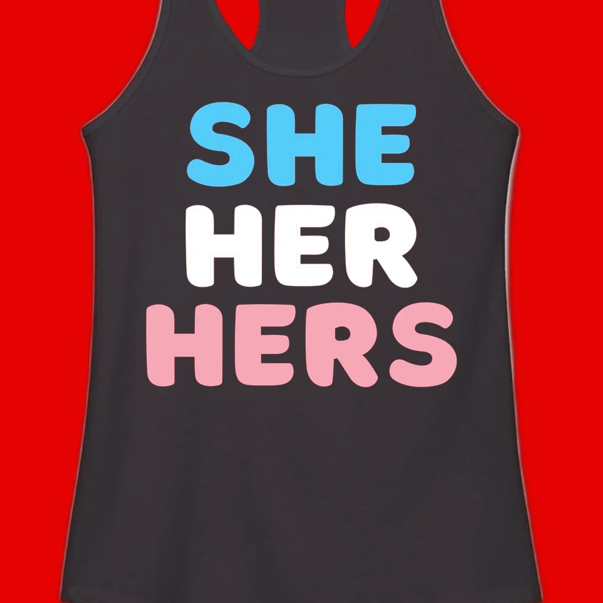 Bold three-line text design reading 'SHE HER HERS' in cyan, white, and pink colors representing she-her-hers pronouns