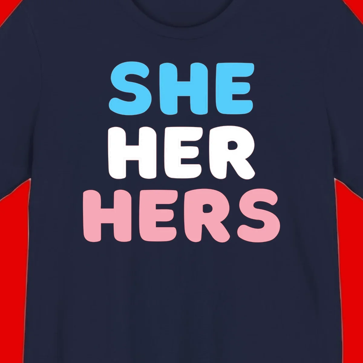 Bold three-line text design reading 'SHE HER HERS' in cyan, white, and pink colors representing she-her-hers pronouns