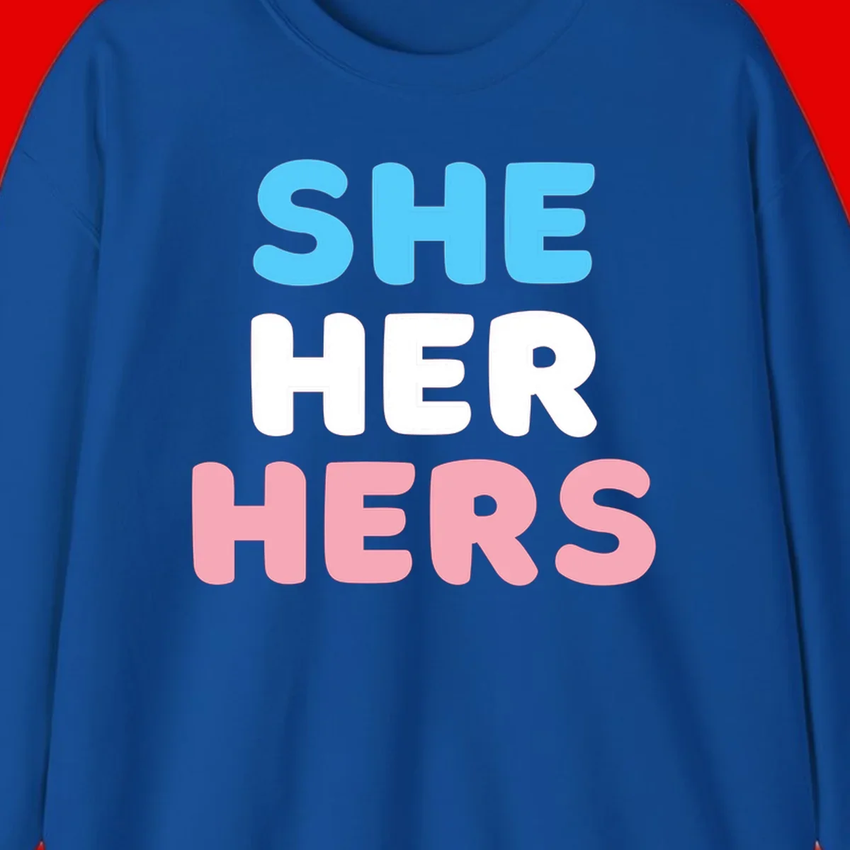 Bold three-line text design reading 'SHE HER HERS' in cyan, white, and pink colors representing she-her-hers pronouns