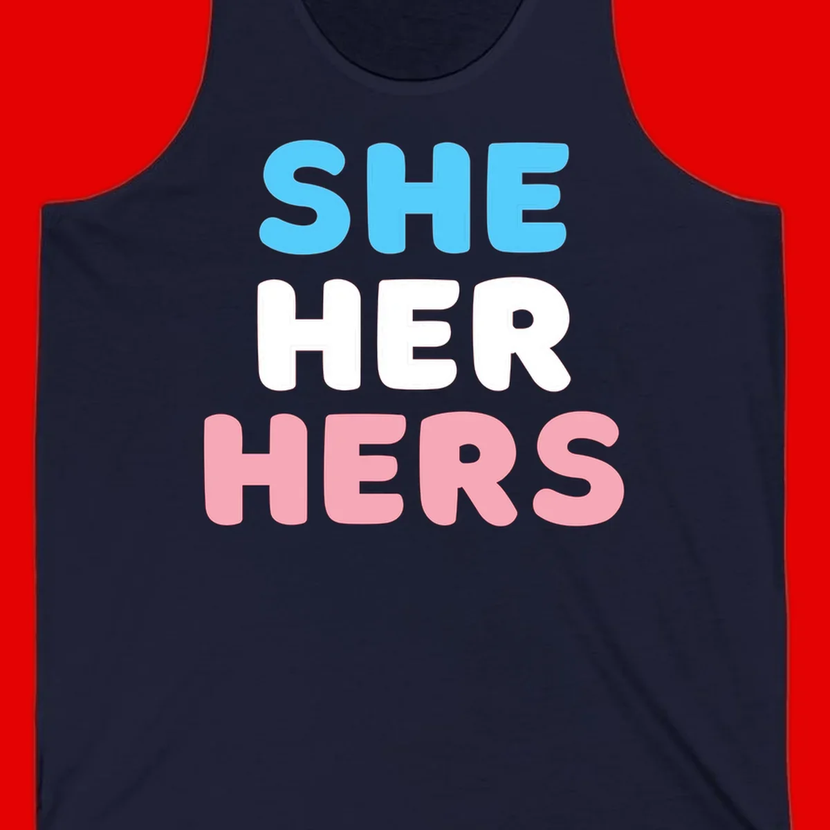 Bold three-line text design reading 'SHE HER HERS' in cyan, white, and pink colors representing she-her-hers pronouns