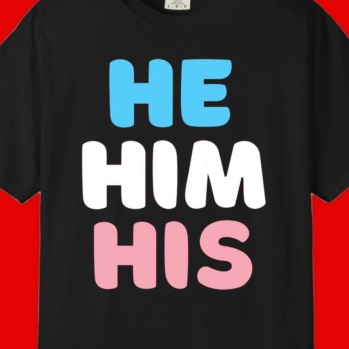 Stacked typography design with HE in cyan, HIM in white, and HIS in pink displaying he/him/his pronouns