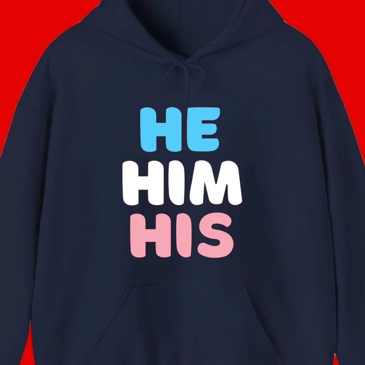 Stacked typography design with HE in cyan, HIM in white, and HIS in pink displaying he/him/his pronouns