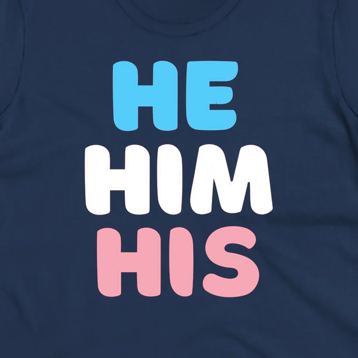 Stacked typography design with HE in cyan, HIM in white, and HIS in pink displaying he/him/his pronouns