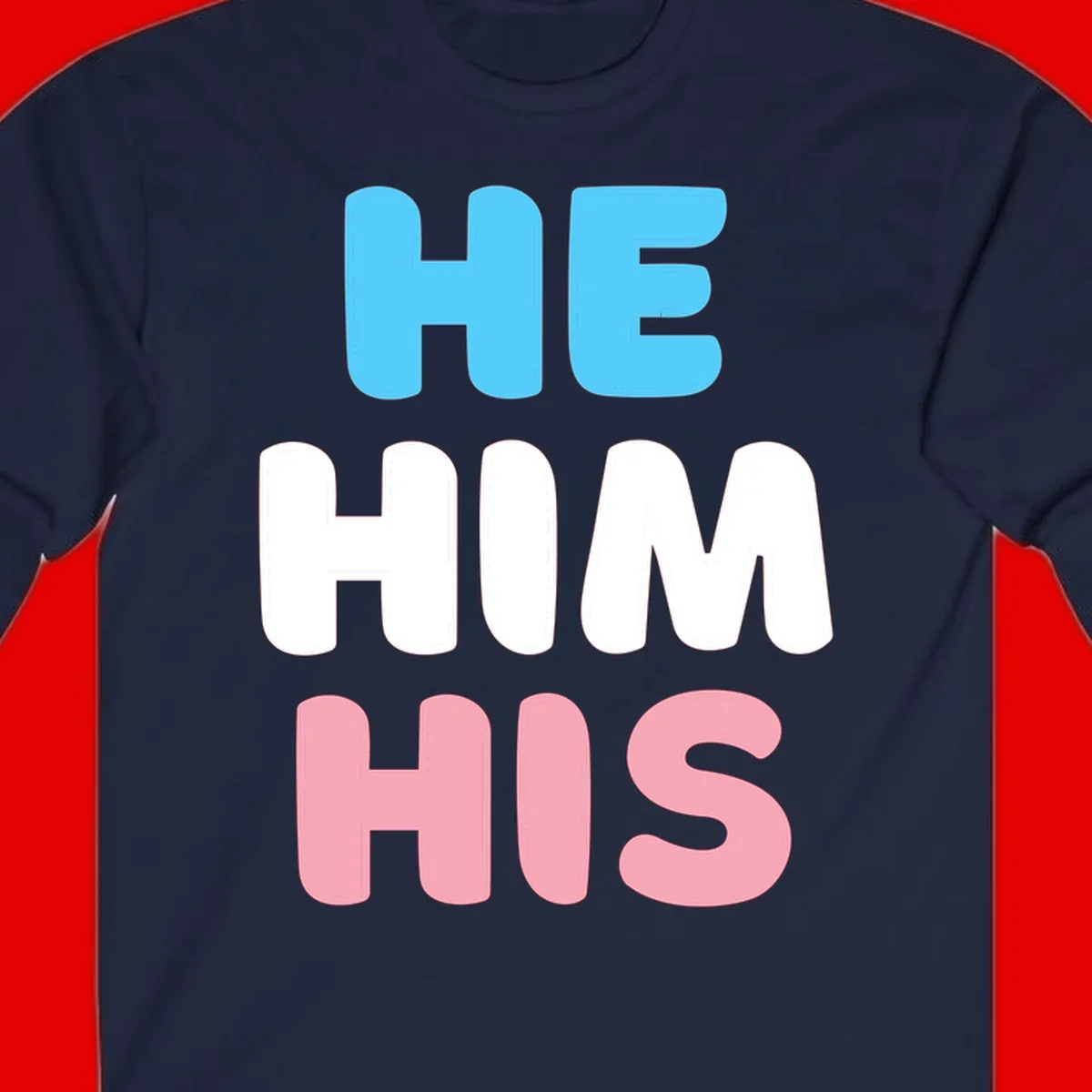 Stacked typography design with HE in cyan, HIM in white, and HIS in pink displaying he/him/his pronouns