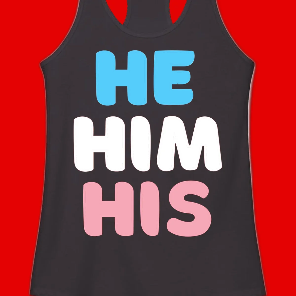 Stacked typography design with HE in cyan, HIM in white, and HIS in pink displaying he/him/his pronouns