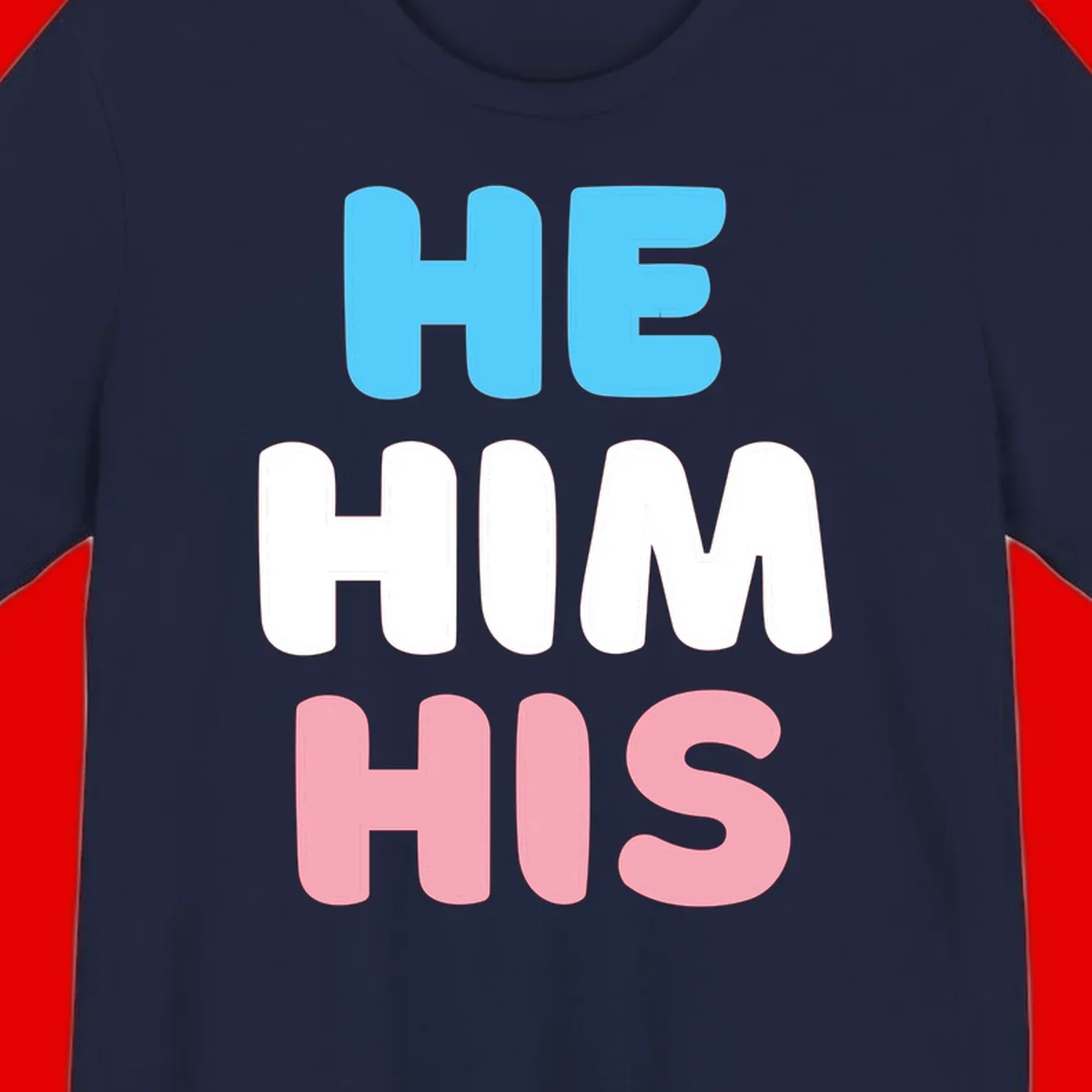 Stacked typography design with HE in cyan, HIM in white, and HIS in pink displaying he/him/his pronouns