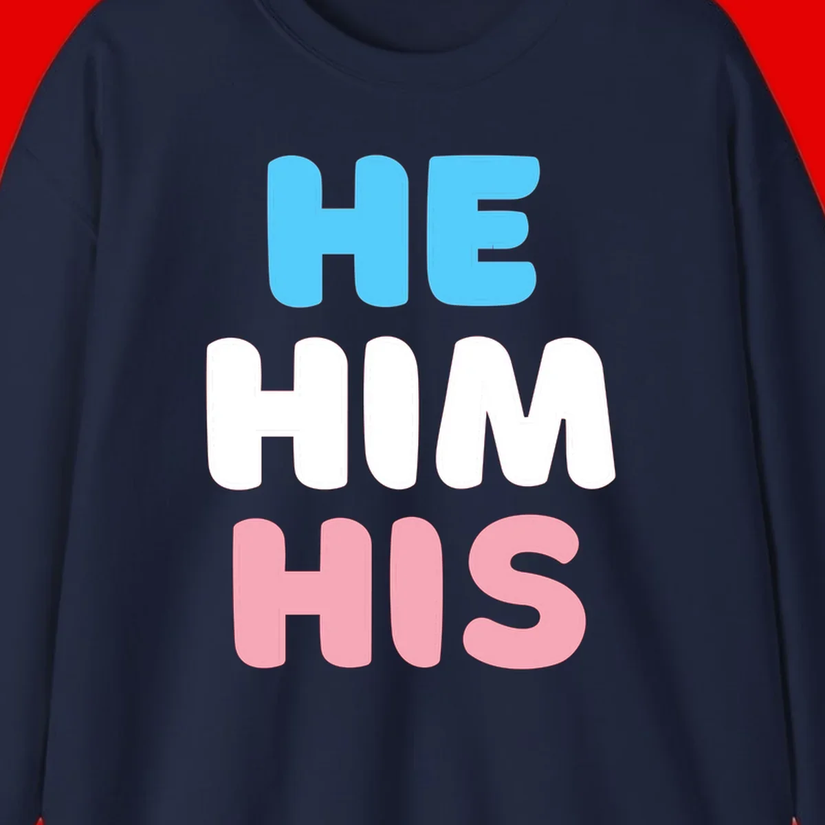 Stacked typography design with HE in cyan, HIM in white, and HIS in pink displaying he/him/his pronouns