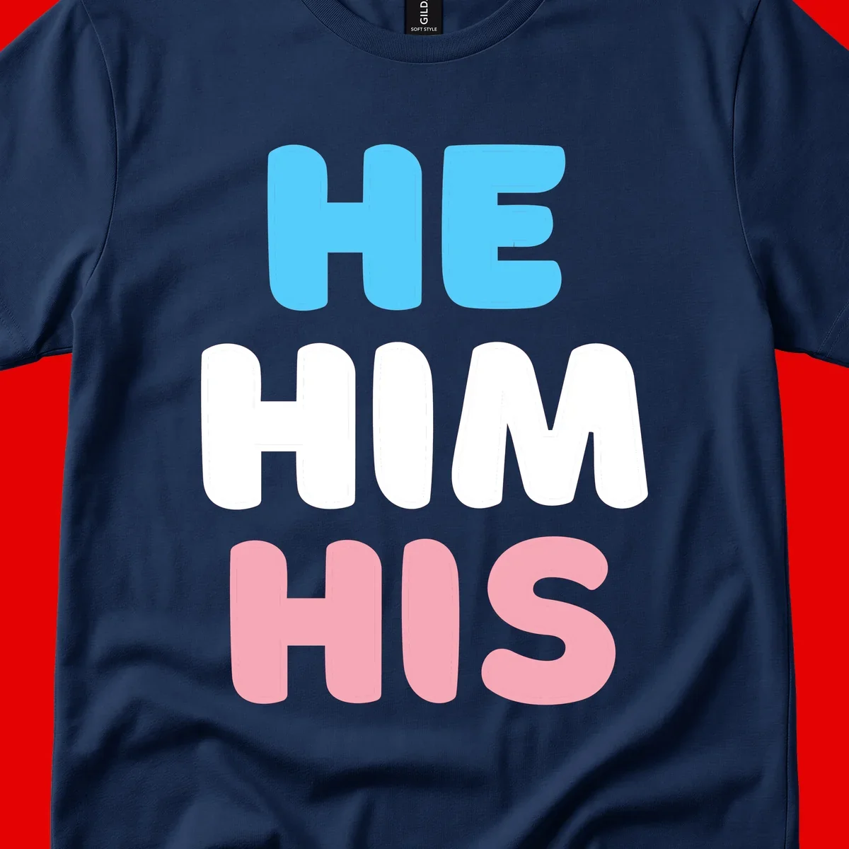 Stacked typography design with HE in cyan, HIM in white, and HIS in pink displaying he/him/his pronouns