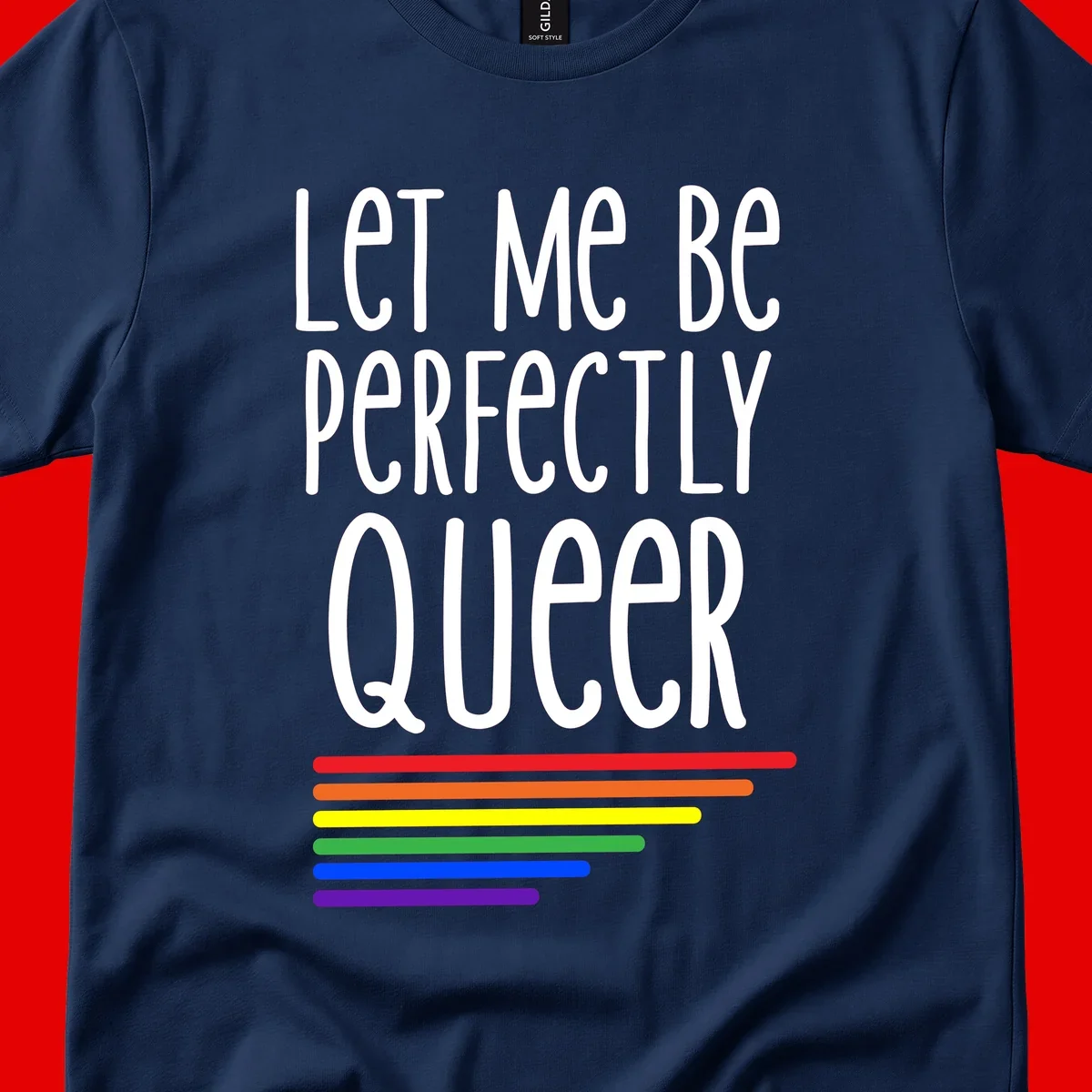 White text reading 'Let Me Be Perfectly Queer' on gray background with six rainbow pride stripes below
