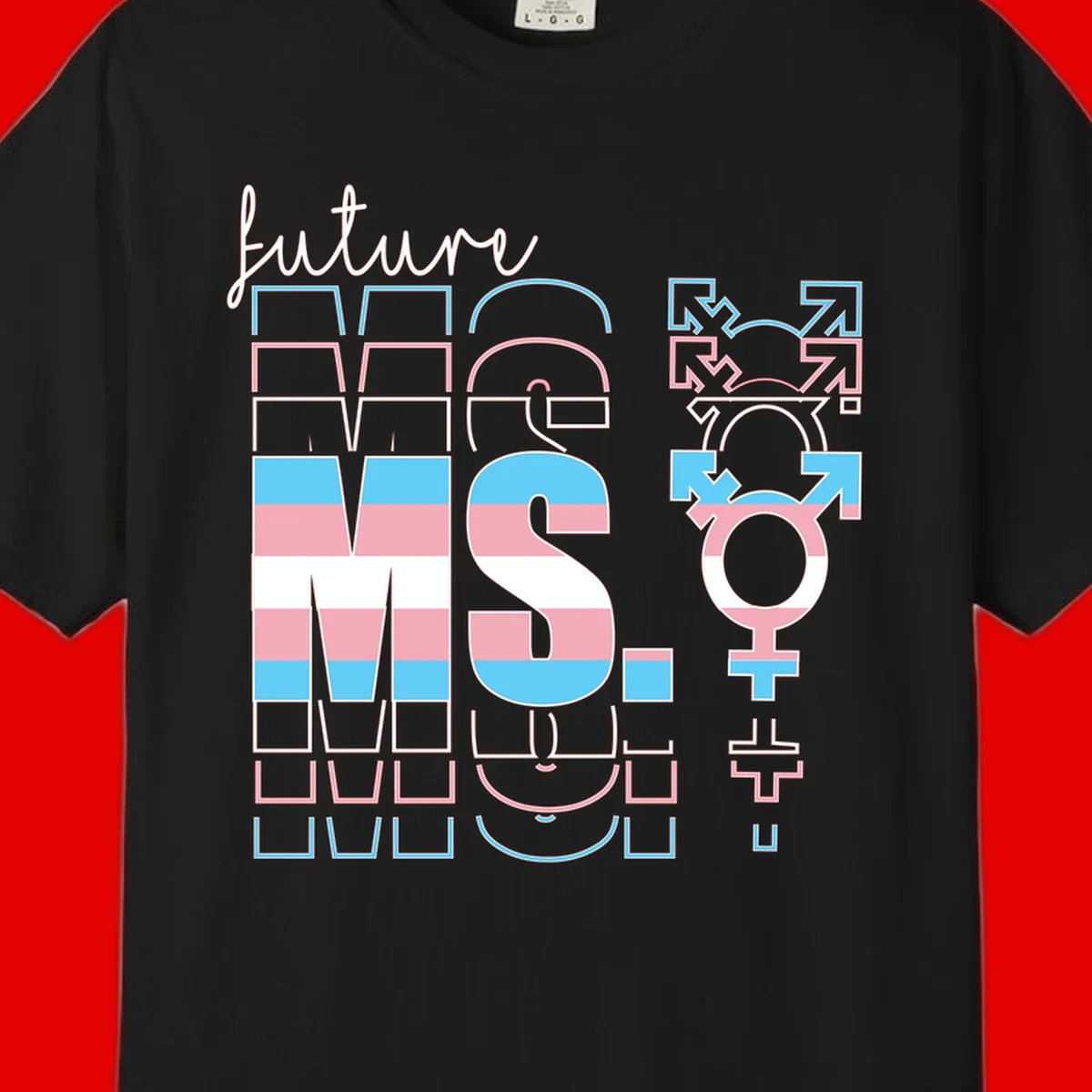 Future self gender identity pride design featuring male, female, non-binary, transgender, and intersex symbols with blue, pink, and white striped elements