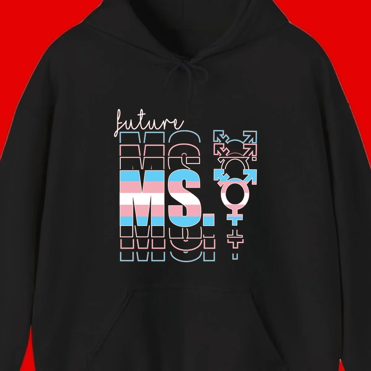 Future self gender identity pride design featuring male, female, non-binary, transgender, and intersex symbols with blue, pink, and white striped elements