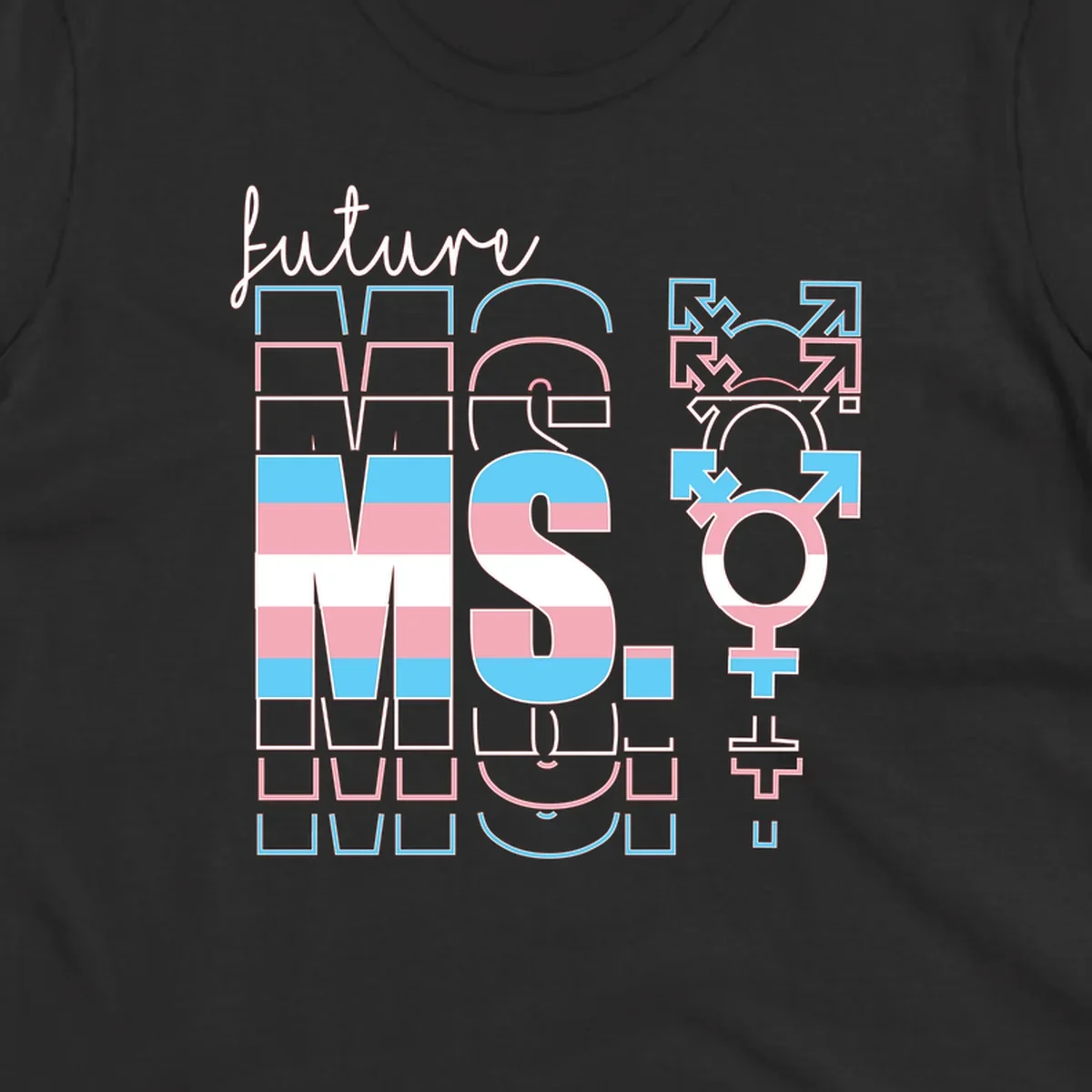 Future self gender identity pride design featuring male, female, non-binary, transgender, and intersex symbols with blue, pink, and white striped elements