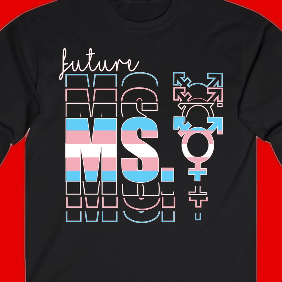 Future self gender identity pride design featuring male, female, non-binary, transgender, and intersex symbols with blue, pink, and white striped elements