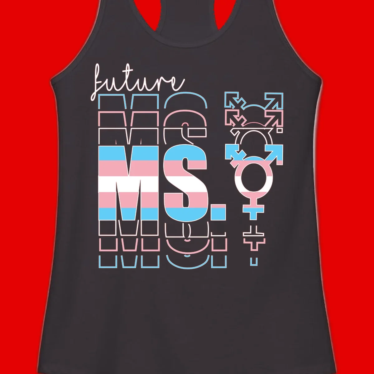 Future self gender identity pride design featuring male, female, non-binary, transgender, and intersex symbols with blue, pink, and white striped elements