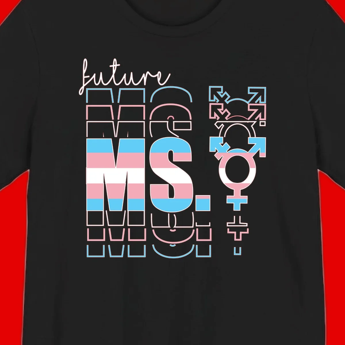 Future self gender identity pride design featuring male, female, non-binary, transgender, and intersex symbols with blue, pink, and white striped elements