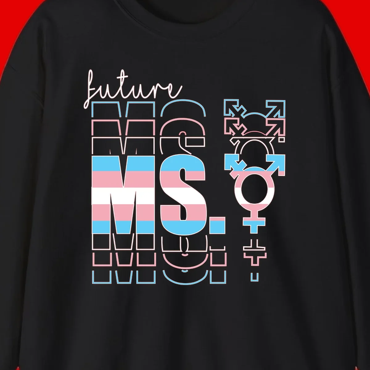 Future self gender identity pride design featuring male, female, non-binary, transgender, and intersex symbols with blue, pink, and white striped elements