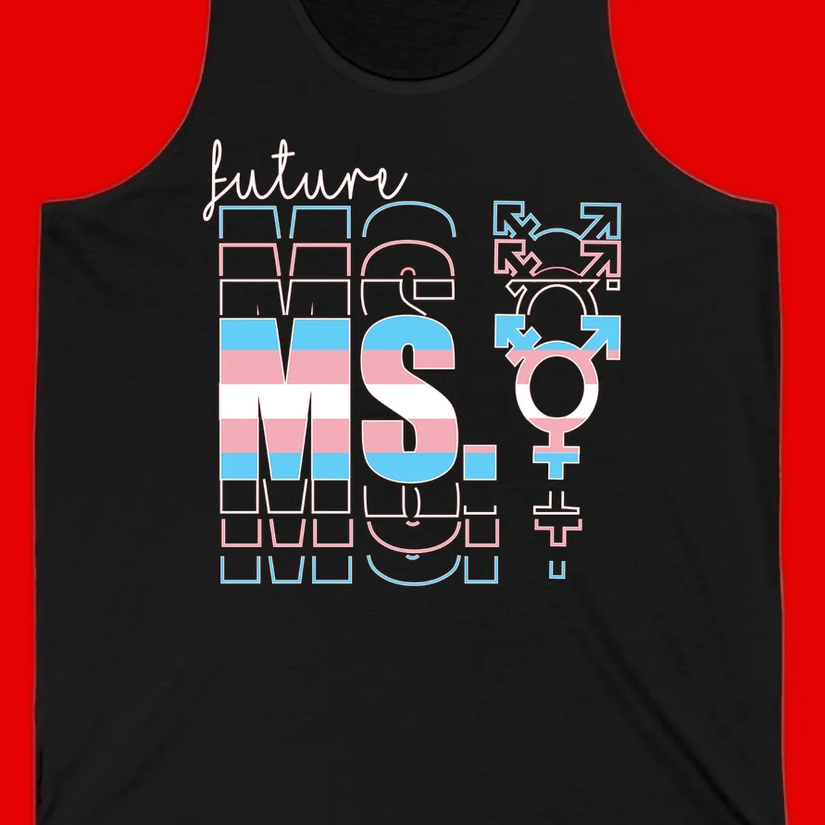 Future self gender identity pride design featuring male, female, non-binary, transgender, and intersex symbols with blue, pink, and white striped elements