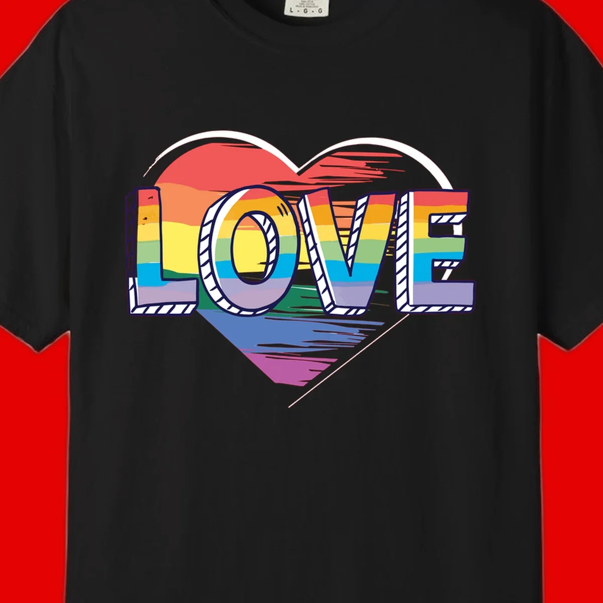 Colorful 3D block lettering spelling LOVE in rainbow pride colors inside a heart shape with wings