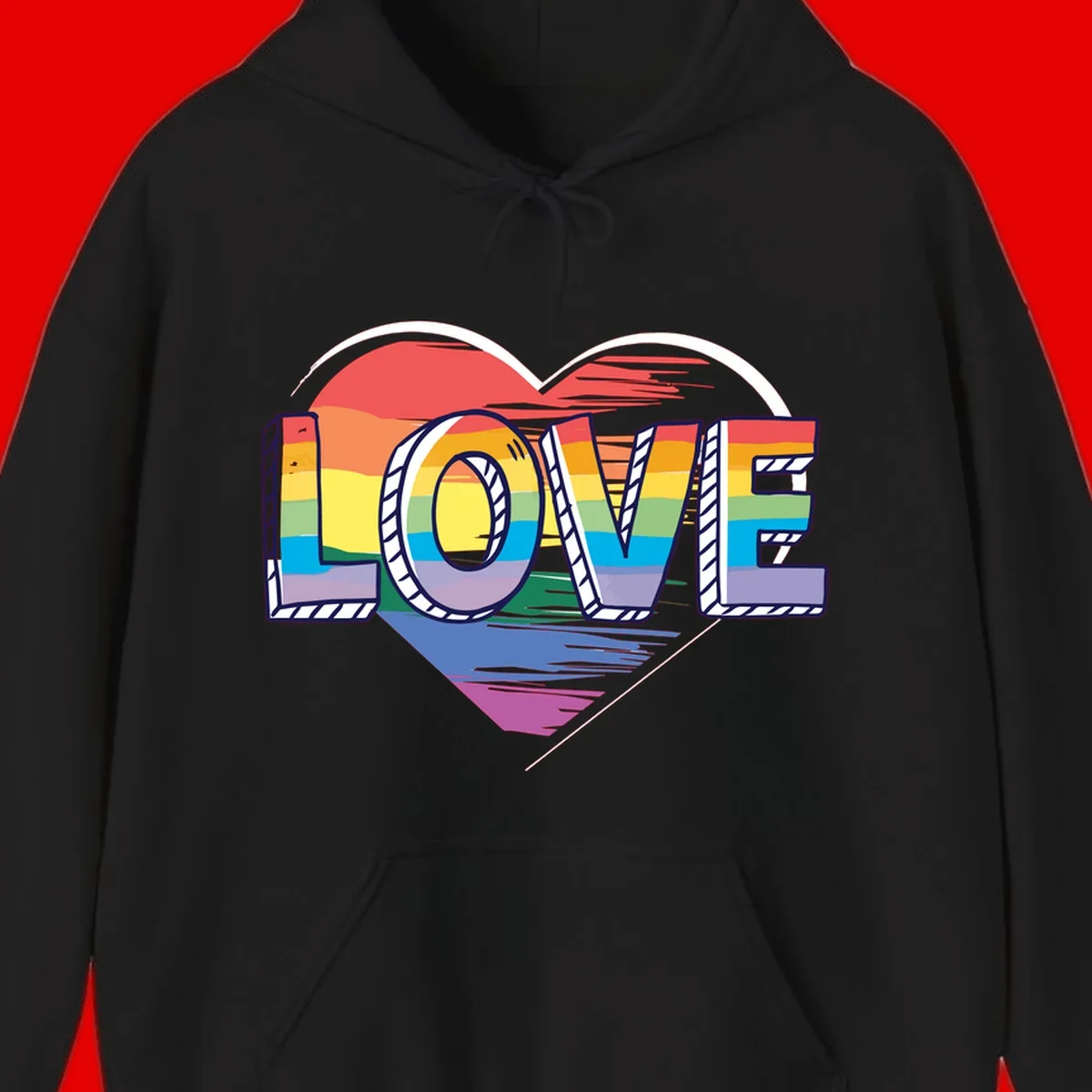 Colorful 3D block lettering spelling LOVE in rainbow pride colors inside a heart shape with wings