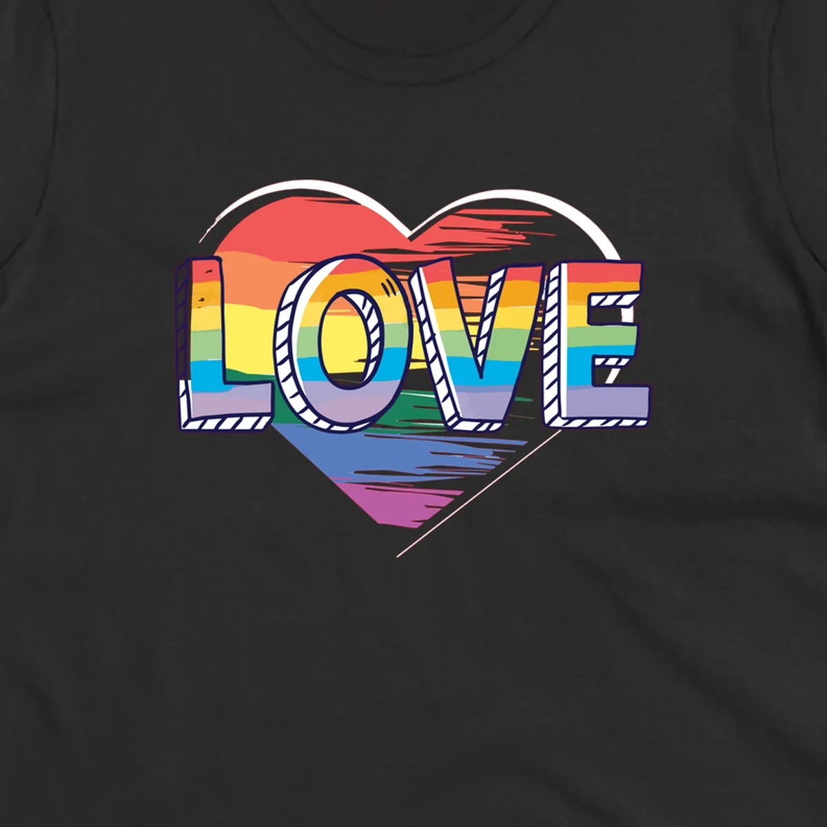 Colorful 3D block lettering spelling LOVE in rainbow pride colors inside a heart shape with wings