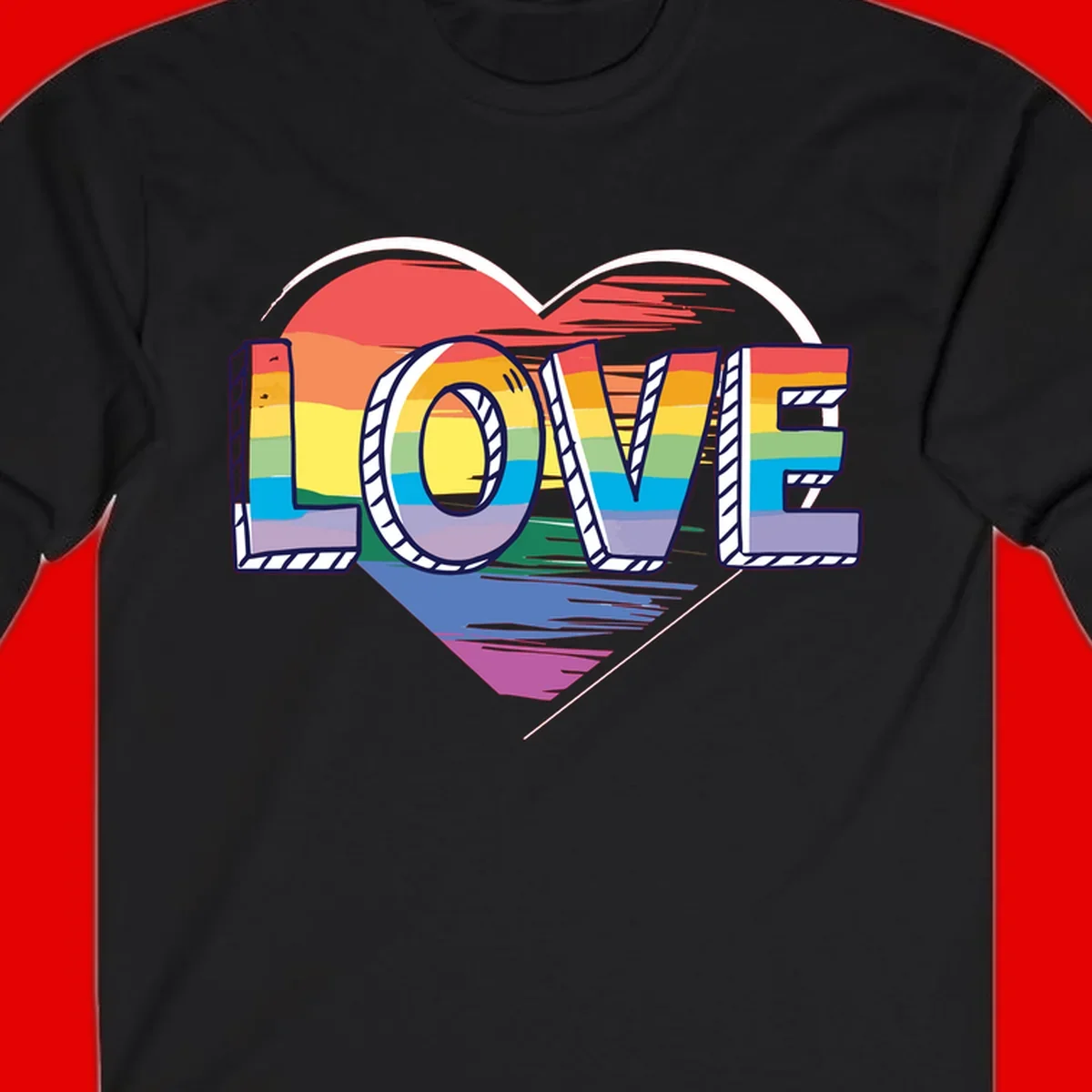Colorful 3D block lettering spelling LOVE in rainbow pride colors inside a heart shape with wings