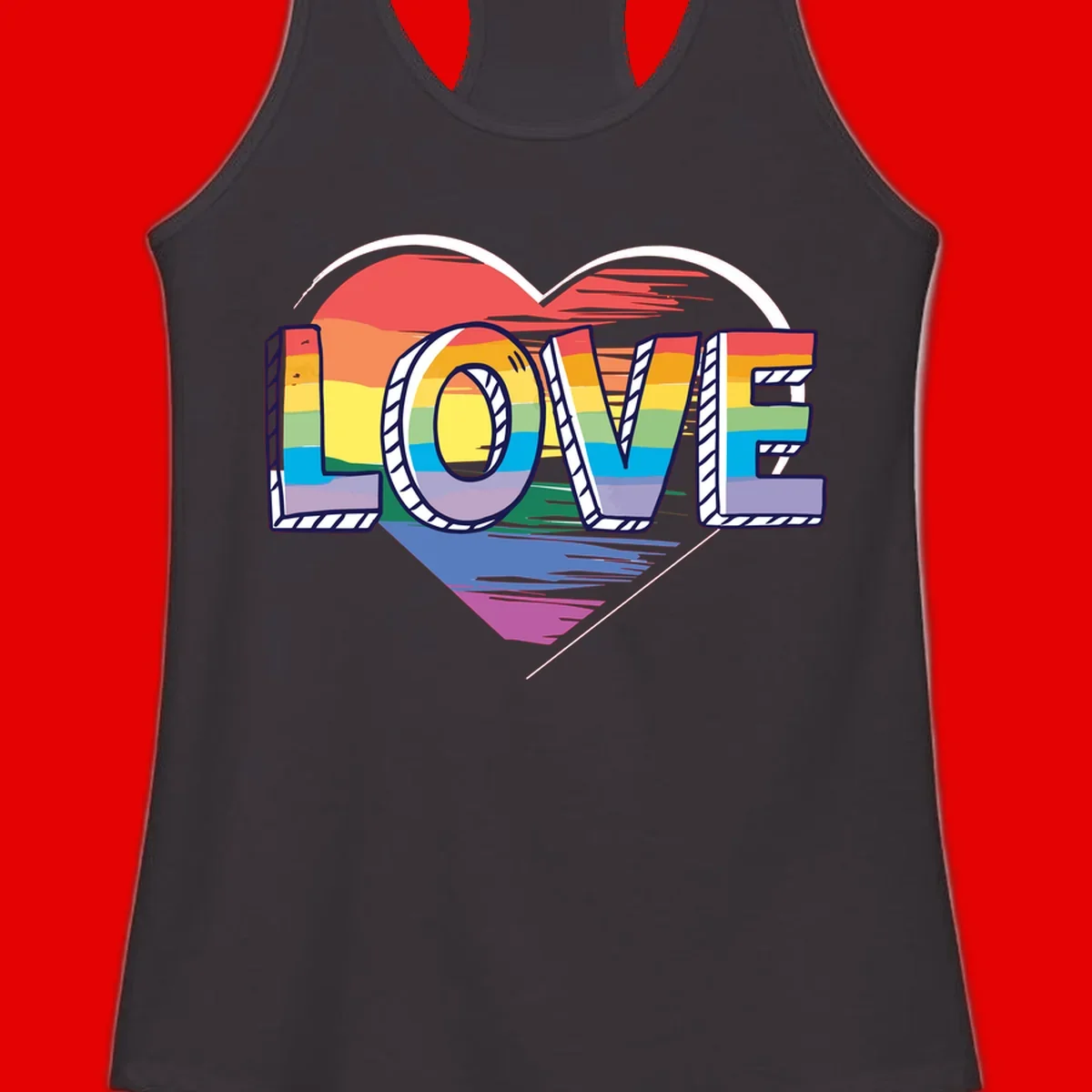 Colorful 3D block lettering spelling LOVE in rainbow pride colors inside a heart shape with wings