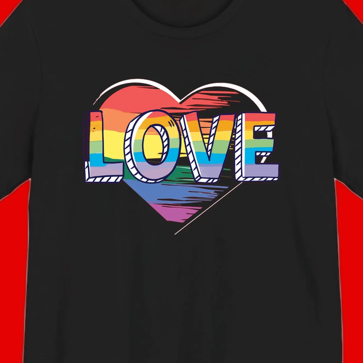 Colorful 3D block lettering spelling LOVE in rainbow pride colors inside a heart shape with wings