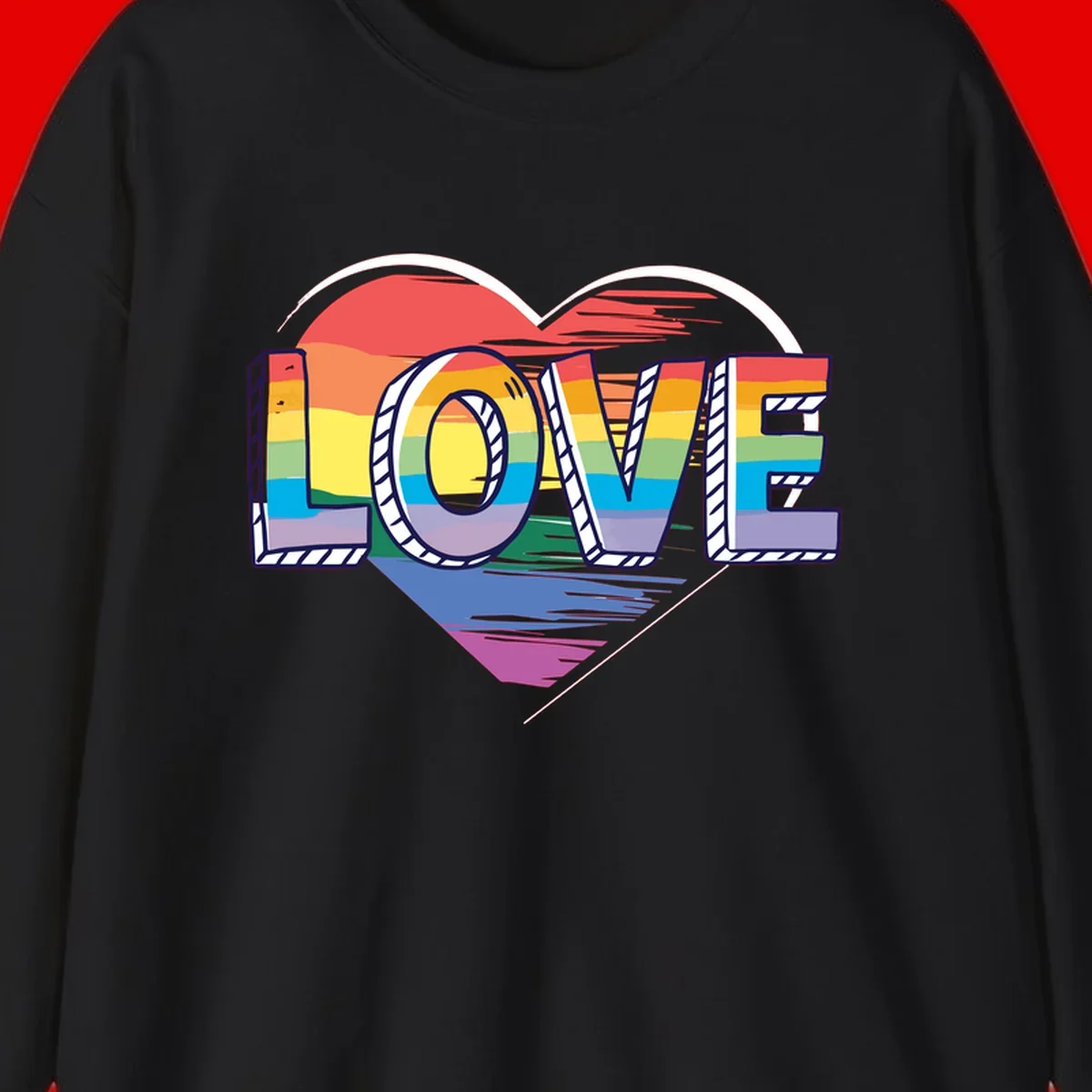 Colorful 3D block lettering spelling LOVE in rainbow pride colors inside a heart shape with wings