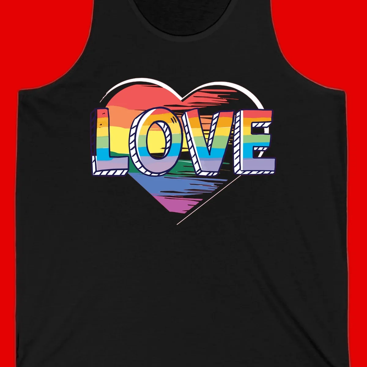Colorful 3D block lettering spelling LOVE in rainbow pride colors inside a heart shape with wings