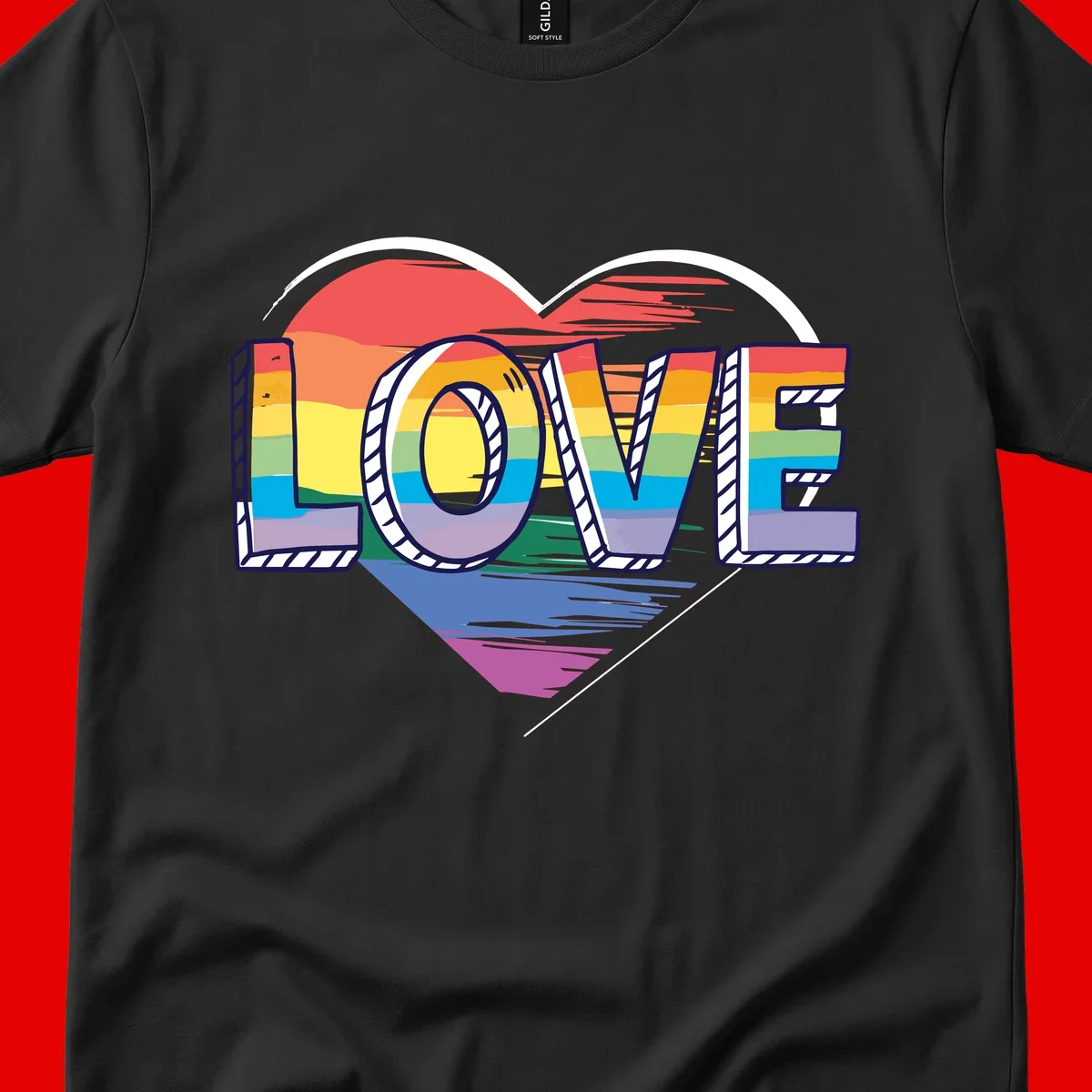 Colorful 3D block lettering spelling LOVE in rainbow pride colors inside a heart shape with wings