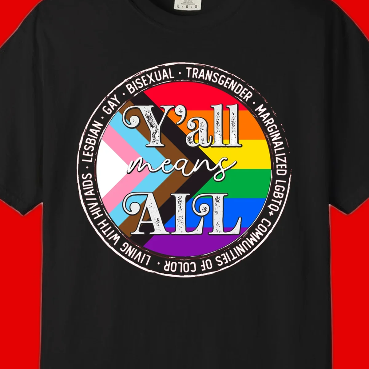 Y'all means LGBTQ+ pride badge with progress flag and community identity text in circular design