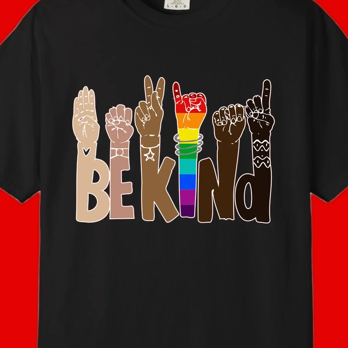 Six illustrated hands in diverse skin tones displaying peace signs and fists, with center fist in rainbow pride colors and 'BE KIND' text below