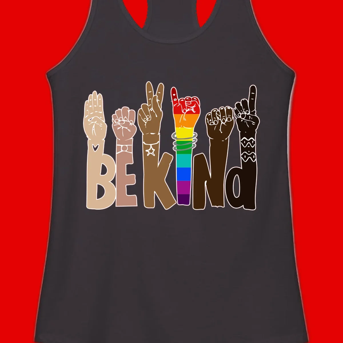 Six illustrated hands in diverse skin tones displaying peace signs and fists, with center fist in rainbow pride colors and 'BE KIND' text below