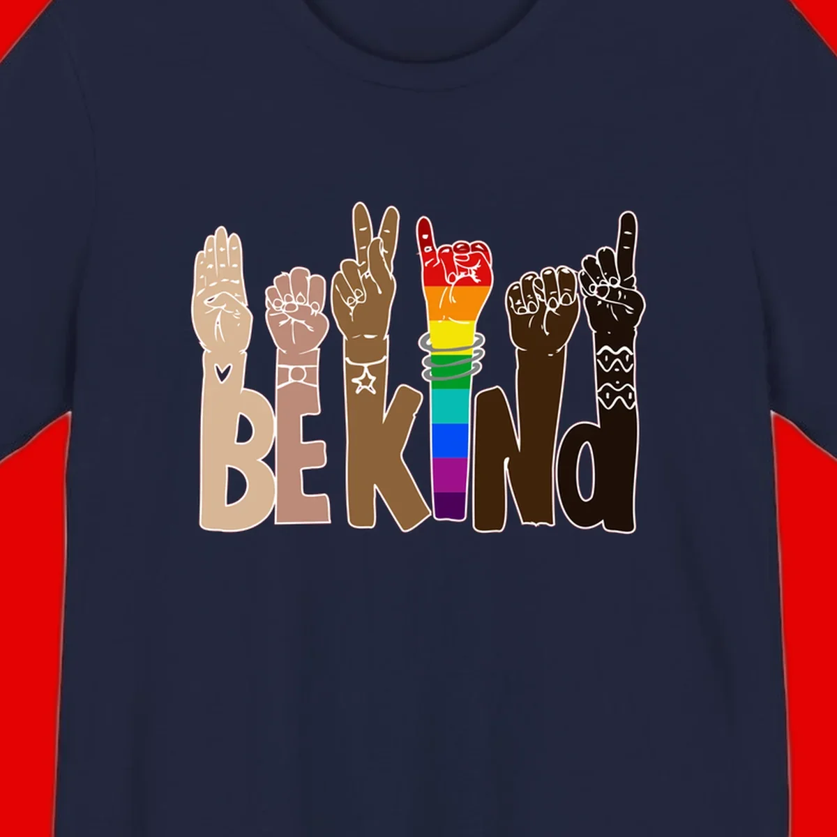 Six illustrated hands in diverse skin tones displaying peace signs and fists, with center fist in rainbow pride colors and 'BE KIND' text below