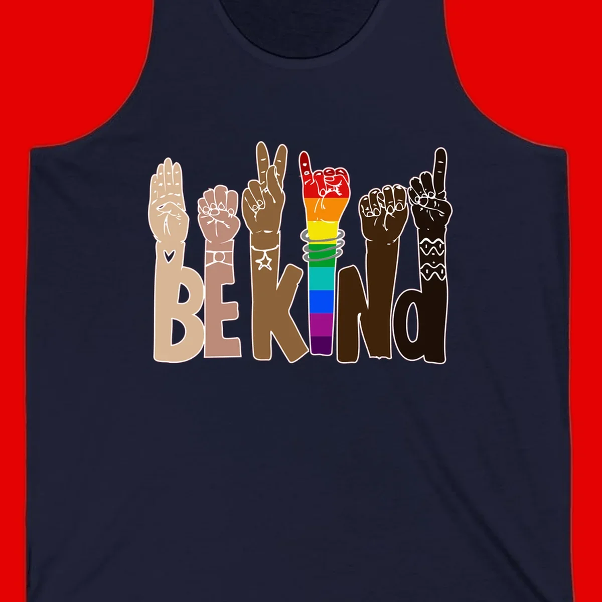 Six illustrated hands in diverse skin tones displaying peace signs and fists, with center fist in rainbow pride colors and 'BE KIND' text below